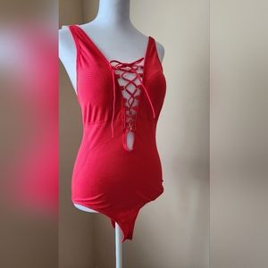 Red bodysuit sexy girls night out new with tag lace up sz L stretch